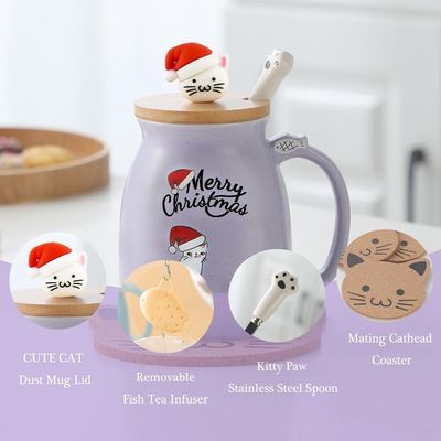 Cute Style 380ml Taza de café cerámica portátil con diseño 3D de gato pequeño y tapa de bambú