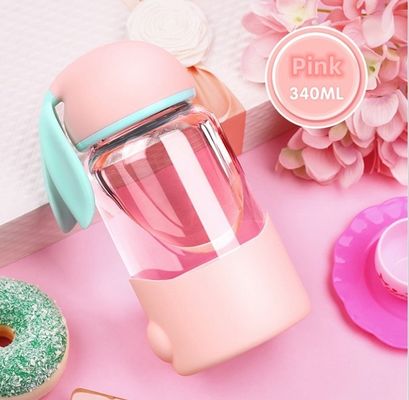 Taza de vidrio de agua con diseño creativo de conejo de dibujos animados y diseño sellado portátil a prueba de fugas