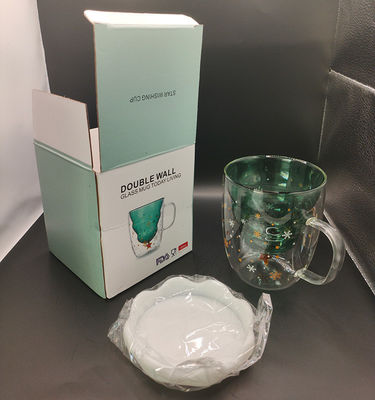 300 ml de regalo de Navidad Taza de vidrio de doble pared con tapas y resistencia a altas temperaturas
