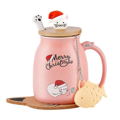 Taza navideña portátil de 380 ml Taza de café cerámica 3D con tapa de bambú con cuchara de acero inoxidable