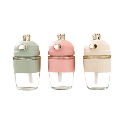 420ml de vidrio orejas de conejo silicona conjunto regalo delicado niños botella de vidrio con paja