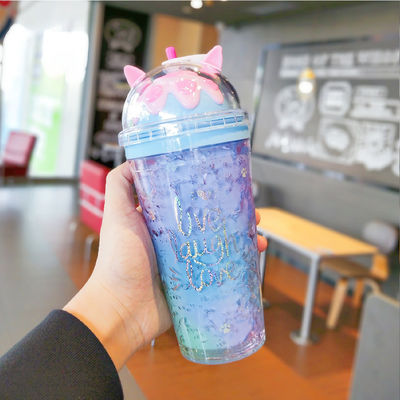 14OZ botella de agua de plástico aislada con tapa y paja