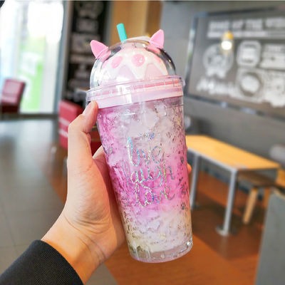 14OZ botella de agua de plástico aislada con tapa y paja
