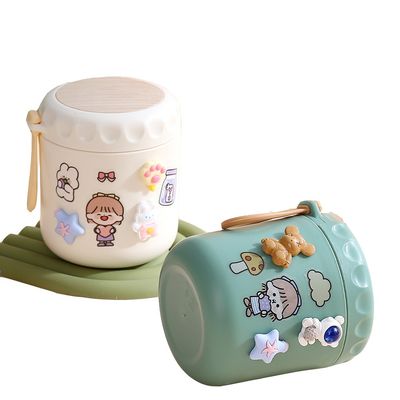 Copo de desayuno aislado Jarrón de comida 400ml Diseño lindo Estilo de la caja de almuerzo térmico con cuchara