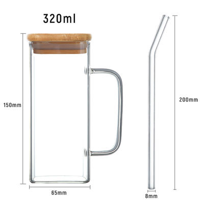 Botella de agua potable de copa de vidrio personalizada de 350 ml con tapa de grano de madera y forma cuadrada