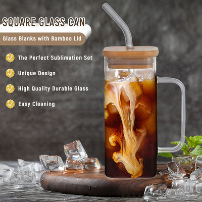 Botella de agua potable de copa de vidrio personalizada de 350 ml con tapa de grano de madera y forma cuadrada