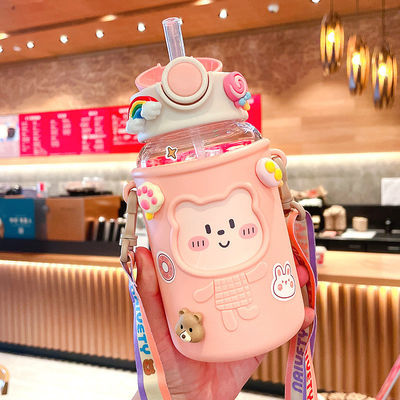 Tazas de plástico portátiles creativas para estudiantes y niños Botella de agua de paja a prueba de fugas