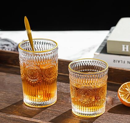 Cristal claro de girasol whisky café agua copa de vidrio tumbler con borde de oro y logotipo