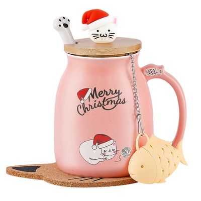 Material Cerámico 380ml Taza de café cerámica con diseño 3D de gato y tapa de bambú