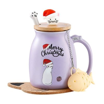 Material Cerámico 380ml Taza de café cerámica con diseño 3D de gato y tapa de bambú