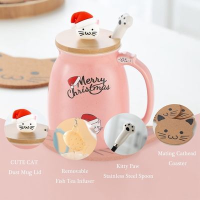 Material Cerámico 380ml Taza de café cerámica con diseño 3D de gato y tapa de bambú