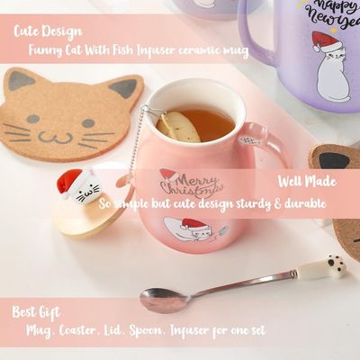 Material Cerámico 380ml Taza de café cerámica con diseño 3D de gato y tapa de bambú