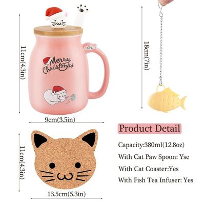Material Cerámico 380ml Taza de café cerámica con diseño 3D de gato y tapa de bambú