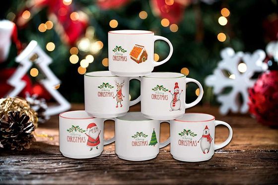 14 oz Cerámica Taza de café leche de porcelana Taza de café de Navidad blanca con diseño lindo