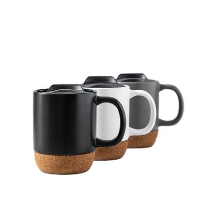 450ML Logotipo personalizado Matte Negro Blanco Base de Corcho Cerámica Taza de viaje de café con tapa de PP