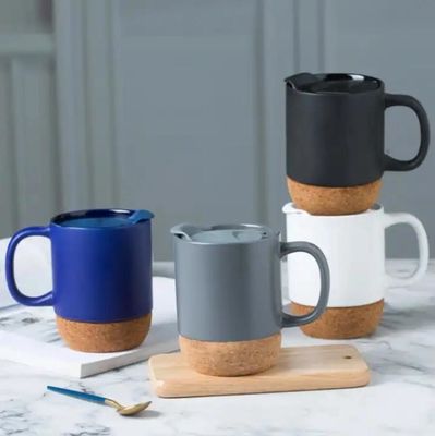 450ML Logotipo personalizado Matte Negro Blanco Base de Corcho Cerámica Taza de viaje de café con tapa de PP