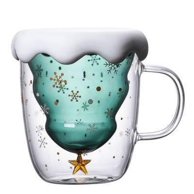 Copa de agua de vidrio de borosilicato de pared doble con mango y tapa