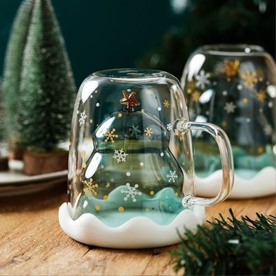 Copa de agua de vidrio de borosilicato de pared doble con mango y tapa
