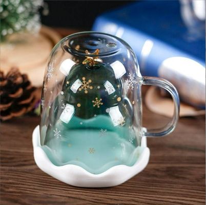 Copa de agua de vidrio de borosilicato de pared doble con mango y tapa