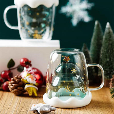 Copa de agua de vidrio de borosilicato de pared doble con mango y tapa
