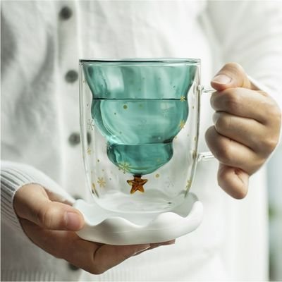 Copa de agua de vidrio de borosilicato de pared doble con mango y tapa