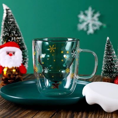 Regalo de Navidad personalizado 200ml Taza de café de vidrio de doble pared con diseño de árbol de Navidad