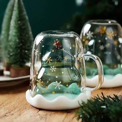 Regalo de Navidad personalizado 200ml Taza de café de vidrio de doble pared con diseño de árbol de Navidad