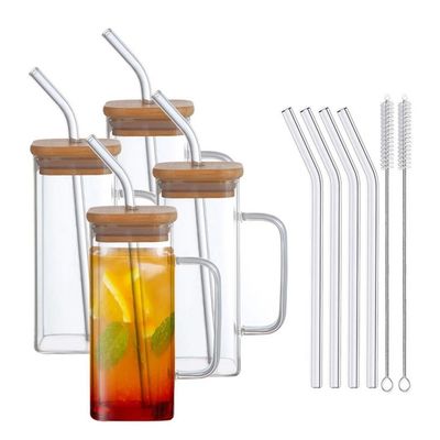 Oportunidad de fiesta 350ml Taza de cerveza fría de vidrio cuadrado claro a medida con tapa de bambú y paja