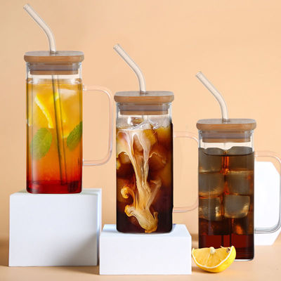 Taza de vidrio cuadrada con tapa superior de venta de café helado taza de té copa de bebida