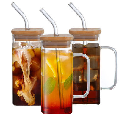 Taza de vidrio cuadrada con tapa superior de venta de café helado taza de té copa de bebida