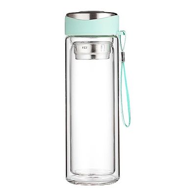 320 ml Botella de agua de vidrio de pared doble rosa con tapa e infusor directo de té para beber