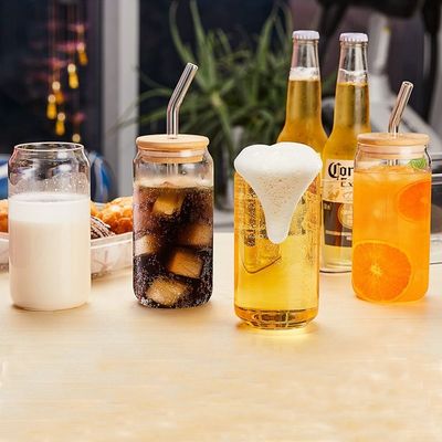 16 oz de taza de café helado burbuja de té pop lata de cerveza vino bebida copa de vidrio con paja de vidrio