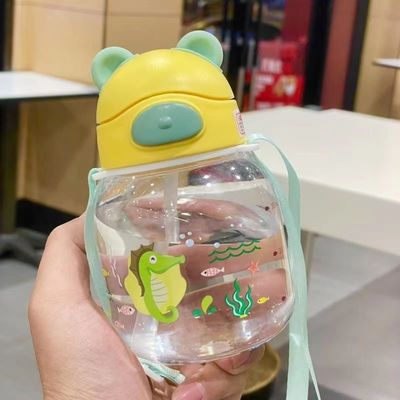 450ml de plástico Cute Bear forma de copa de agua con paja y cuerda botella de agua a prueba de fugas