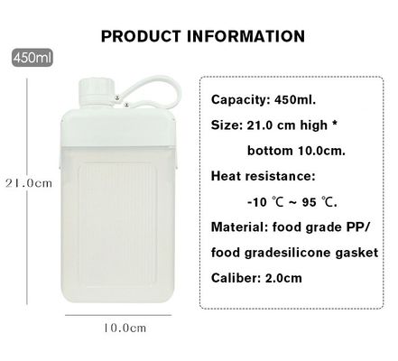 Botella de jugo deportivo de plástico cuadrado de 450 ml sin BPA, portátil e impermeable con tapa y tapa