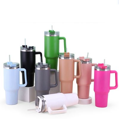 Copo térmico portátil tumbler con mango y tapa de paja 40 oz de acero inoxidable aislado