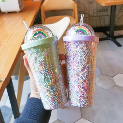 550 ml Taza de plástico PC transparente libre de BPA Taza de batido de leche de doble pared reutilizable con paja