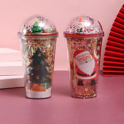 500 ml de BPA libre copa de doble pared con tapa y paja botella de plástico de Navidad