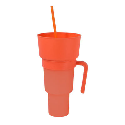 Logotipo personalizado aceptable boca ancha 1L taza de plástico de bocadillos con bandeja de bocadillos y paja