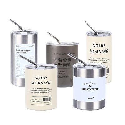 Artículo Logotipo personalizado 320ml/600ml De doble pared de acero inoxidable delgado recto aislado tazas de café con tapa y paja