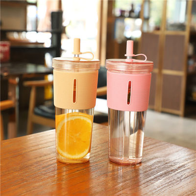 Taza de té de burbujas de plástico de doble pared reutilizable con capacidad de 700 ml y manga de silicona