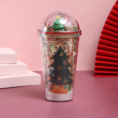 Tazas de plástico de Navidad 500 ml Glitter de doble pared para beber con tapas y pajitas