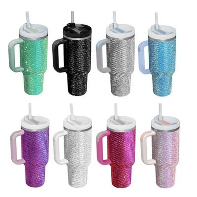 Botella de agua de vacío de acero inoxidable de 40 oz incrustada en diamante con paja y fácil de manejar