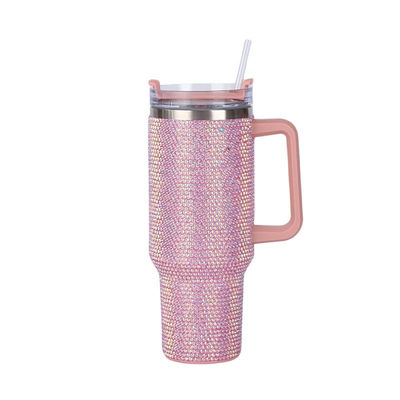 Botella de agua de vacío de acero inoxidable de 40 oz incrustada en diamante con paja y fácil de manejar