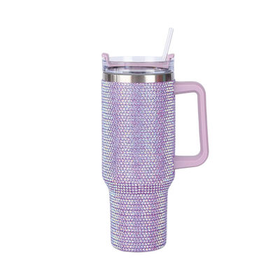 Botella de agua de vacío de acero inoxidable de 40 oz incrustada en diamante con paja y fácil de manejar