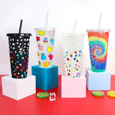 Impresión personalizada de agua fría libre de BPA Cambiador de color con tapa y paja