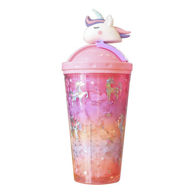 Adultos 430ml Bottle de agua de plástico helado con pajita y tapa de unicornio