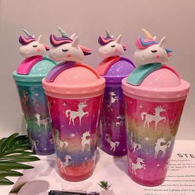 Adultos 430ml Bottle de agua de plástico helado con pajita y tapa de unicornio
