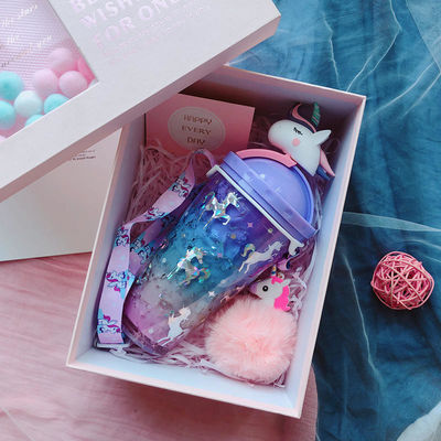 Adultos 430ml Bottle de agua de plástico helado con pajita y tapa de unicornio