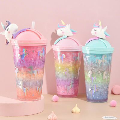 430ml de doble pared de plástico bebida fría copa de helado con paja adorable diseño unicornio