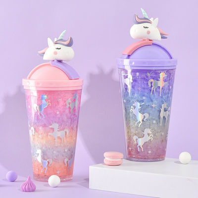 430ml de doble pared de plástico bebida fría copa de helado con paja adorable diseño unicornio